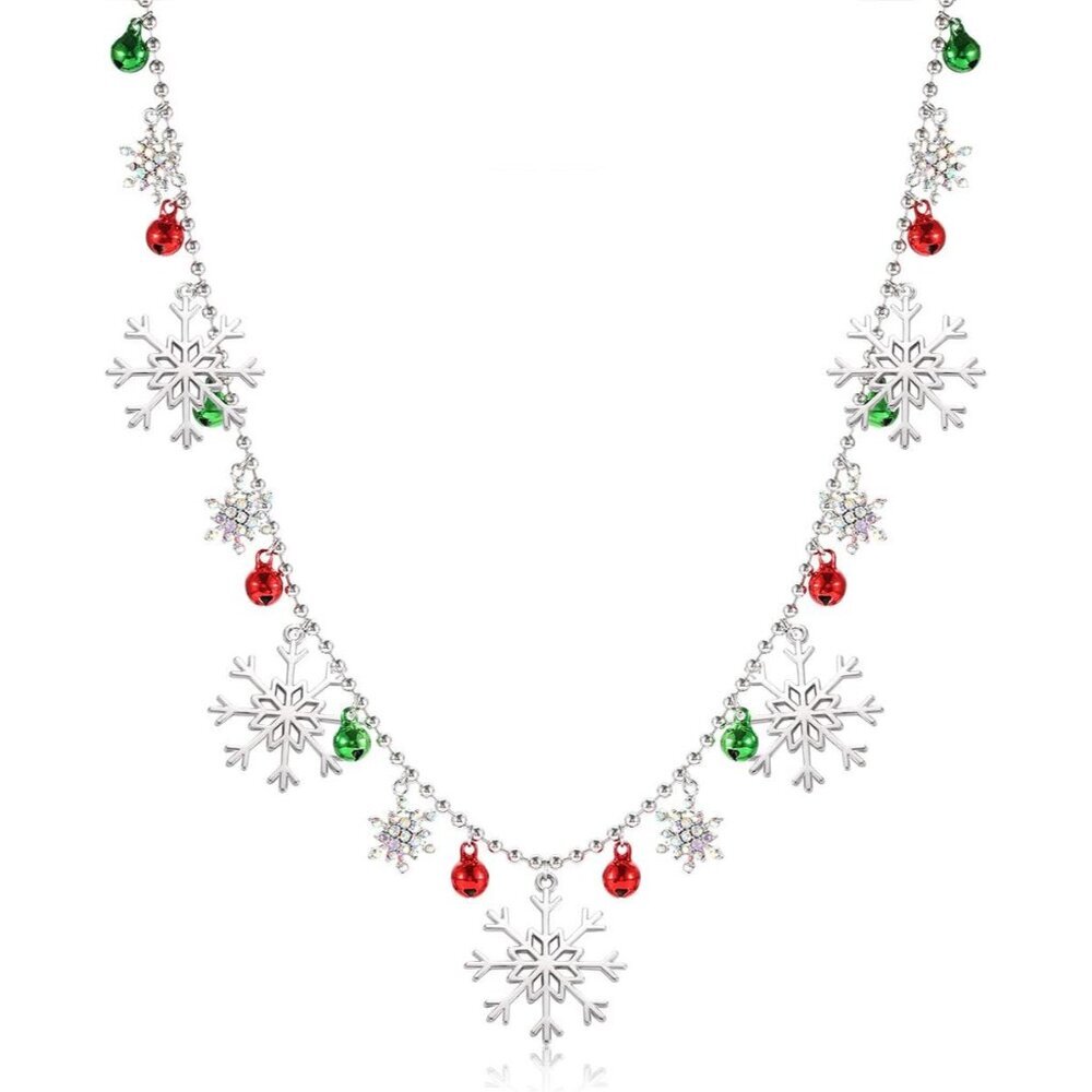 Christmas Snowflake Necklace Long Glitter Snowflake Beaded Charm Necklace JOY Pe
